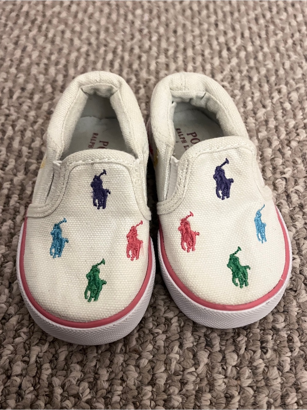 Ralph Lauren White Canvas Kids Slip-On Shoes with Multicolor Polo Logos